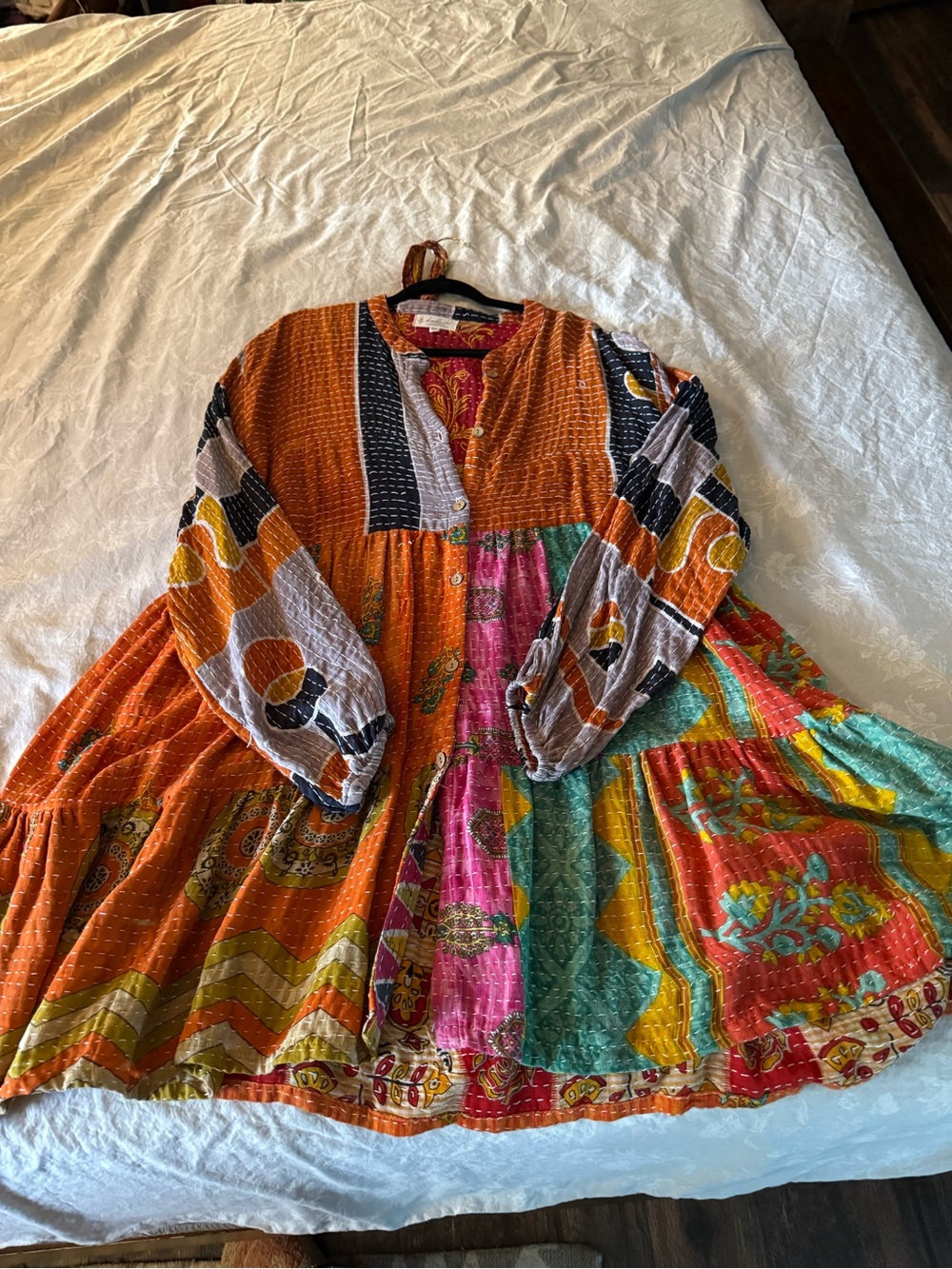 Boho Patchwork Midi Dress in Orange & Multicolor - Picture 2 of 4